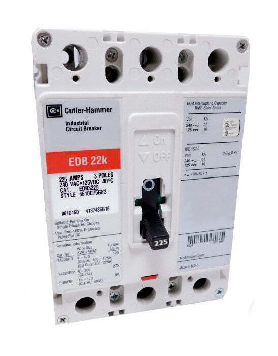 EDB3225L Eaton Molded Case Circuit Breaker Feed-Thru 225 Amp 3 Pole 24 240V